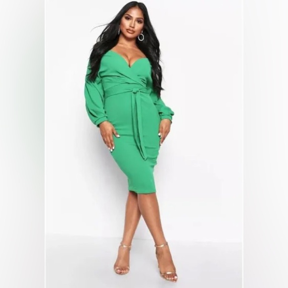 Off shoulder wrap midi dress, leaf green, size 20